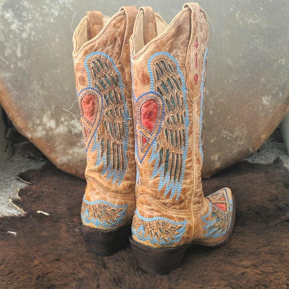 CORRAL A1976 wings & hearts distressed tan leather cowgirl boots snip toe sz 7 - Picture 7 of 16